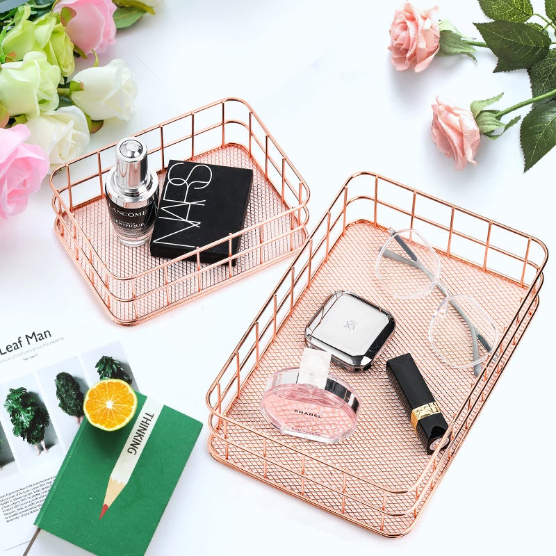 Hacaroa 4 Pack Rose Gold Wire Mesh Basket  Metal Desk Drawer Organizer Desktop Holder Tray for Cosmetic  Stationery  Magazines  Fruit Snacks  Home  School  Office  2 Size - Image 5